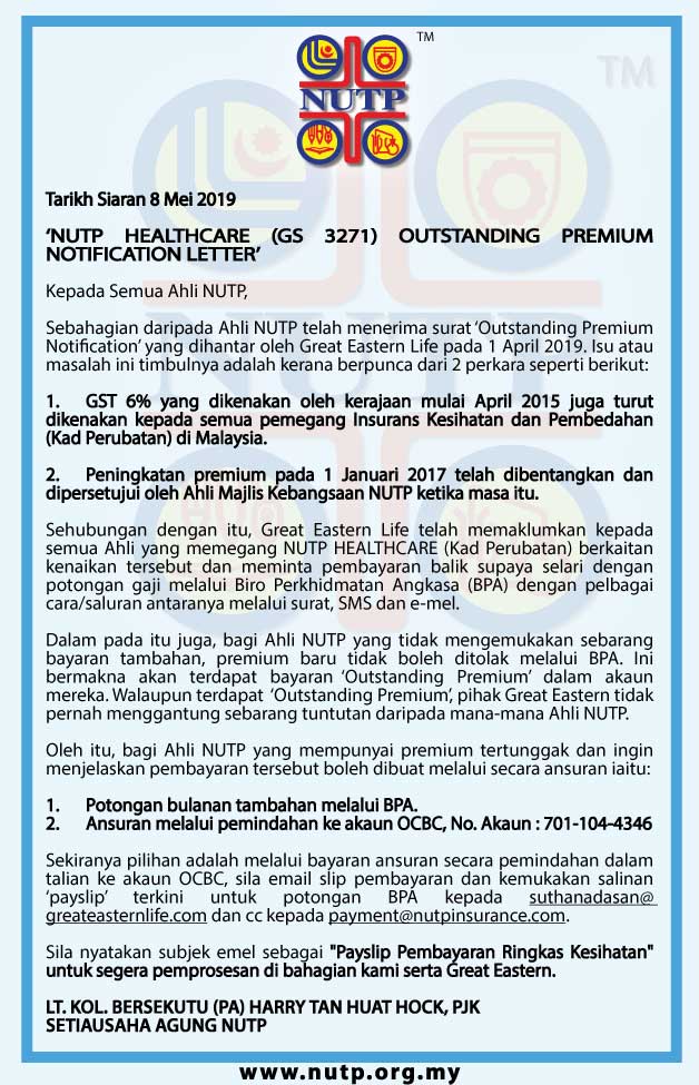 NUTP HEALTHCARE (GS 3271) OUTSTANDING PREMIUM NOTIFICATION LETTER